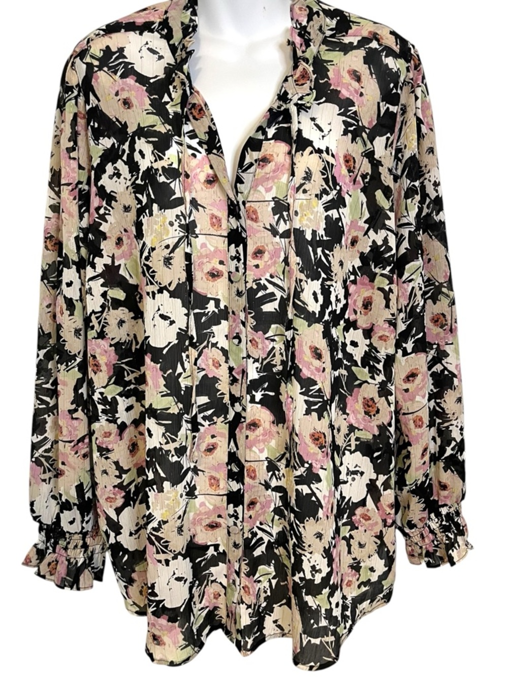 Torrid Floral Neck Tie Long Sleeve Top